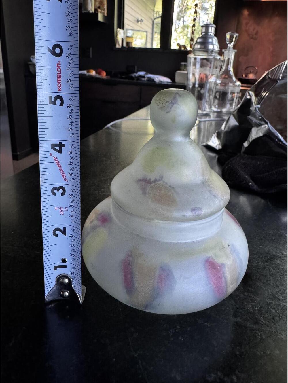 Vintage Rueven Art Glass Lidded Vanity Jar Frosted Pastel Watercolor 5.5"